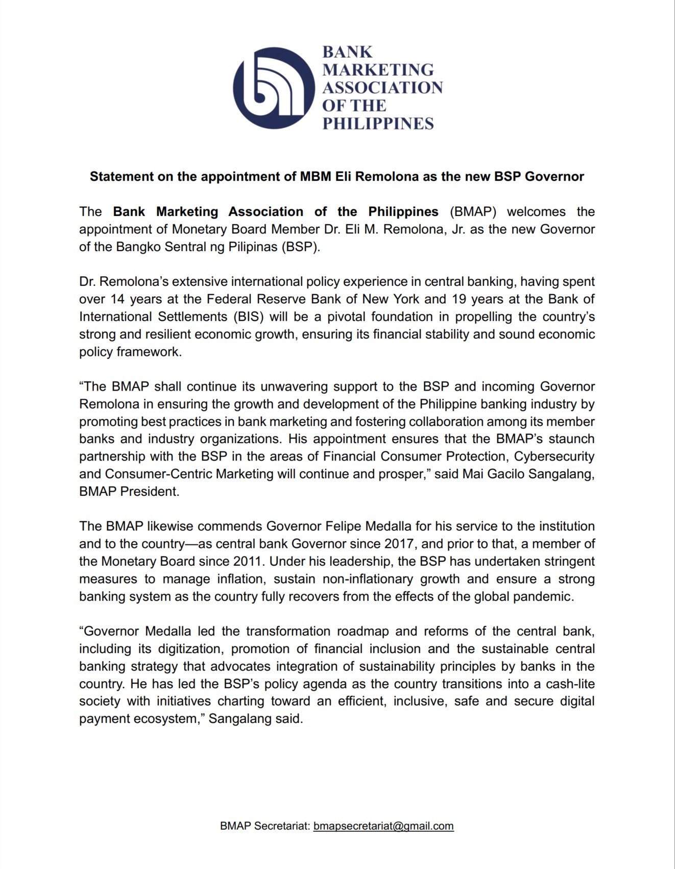 Statement on the appointment of MBM Eli Remolona as the new BSP Governor